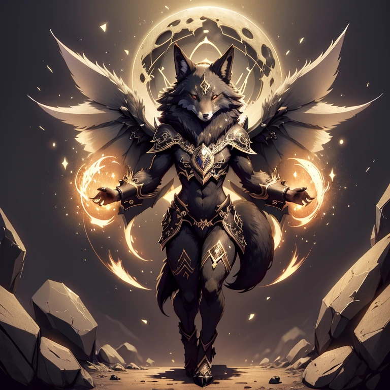 (1 fox) full body, a black eyes dark brown wolf, a winged four pointy square ears earth wolf with stones and rocks, earth energy around, earth background
