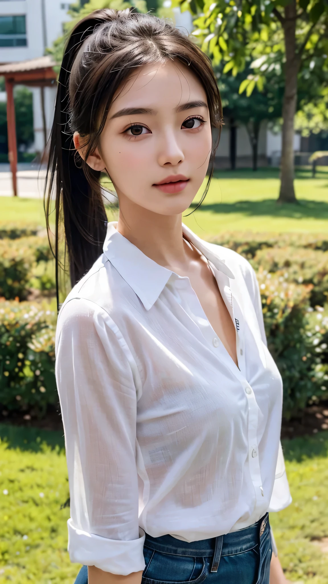 White collared shirt,jeans,outdoors,Urban Park,On the lawn,One woman,close up face,fully body photo,masutepiece, The highest image quality, High quality, the background is clear,Beautiful woman, Japanese, Detailed, Ultra-detailed, finely detail, hight resolution, 8K Wallpaper, Perfect dynamic composition, Beautiful detailed eyes ,Detailed eyes, Detailed skin, Beautiful skin, 超hight resolution, (reality: 1.4),Very beautiful woman, Slightly younger face, Beautiful skin, slender, (Ultra photo realsisim), (hight resolution), (8K), (Very detailed) (beautifully detailed eyes), (super detailed), (Detailed face), view the viewer, Fine details, Detailed face, Staring straight ahead, Staring straight ahead, photos realistic, Bright lighting, Professional Lighting, Black hair,poneyTail,a baby face,sixteen years old,Hairstyle: ponytail,Long ponytail hairstyle,slight smile,