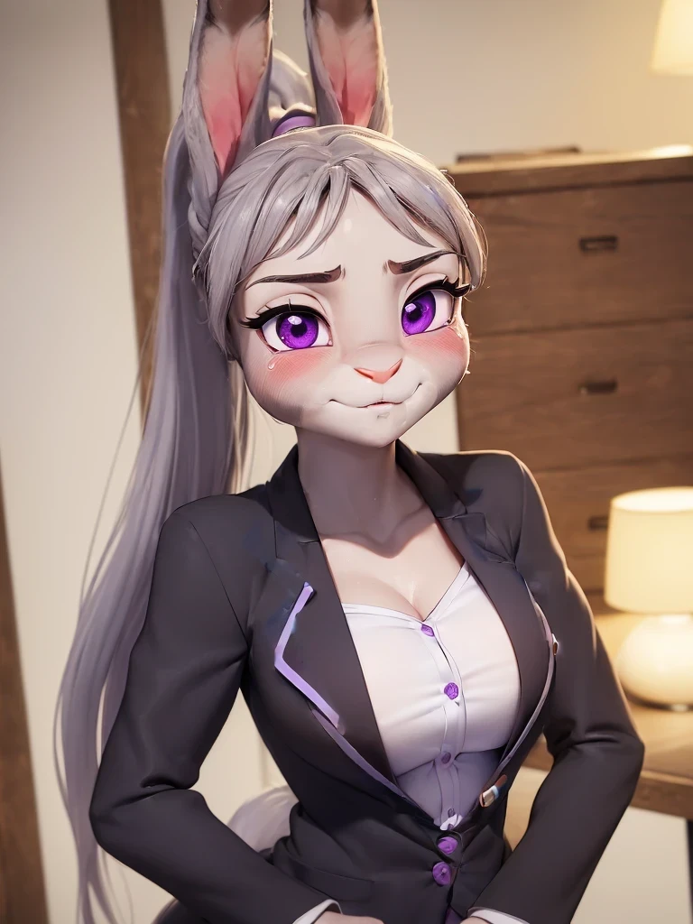 best quality,
masterpiece,
3D anime,
(((solo))),
(((1girl))),
(((Face is JudyHopps))),
(long ears like a rabbit:0.8),
Heir is in a ((ponytail)) style,
see-through bangs,
wispy bangs,
((Her eyes color is purple)),
6.5 head and body,
black office suit outfit,
office lady,
tight skirt,
All buttons are off,
Cleavage is completely exposed,
shoulder is completely exposed,
clavicle is completely exposed,
(outfit is made of wool:1.4),
(((body is made of wool fabric))),
(((body is gray with fluffy and fluffy))),
(((skin is wool fabric with fluffy and fluffy))),
((She is blushing in the cheeks)),
((clavicle is emphasized)),