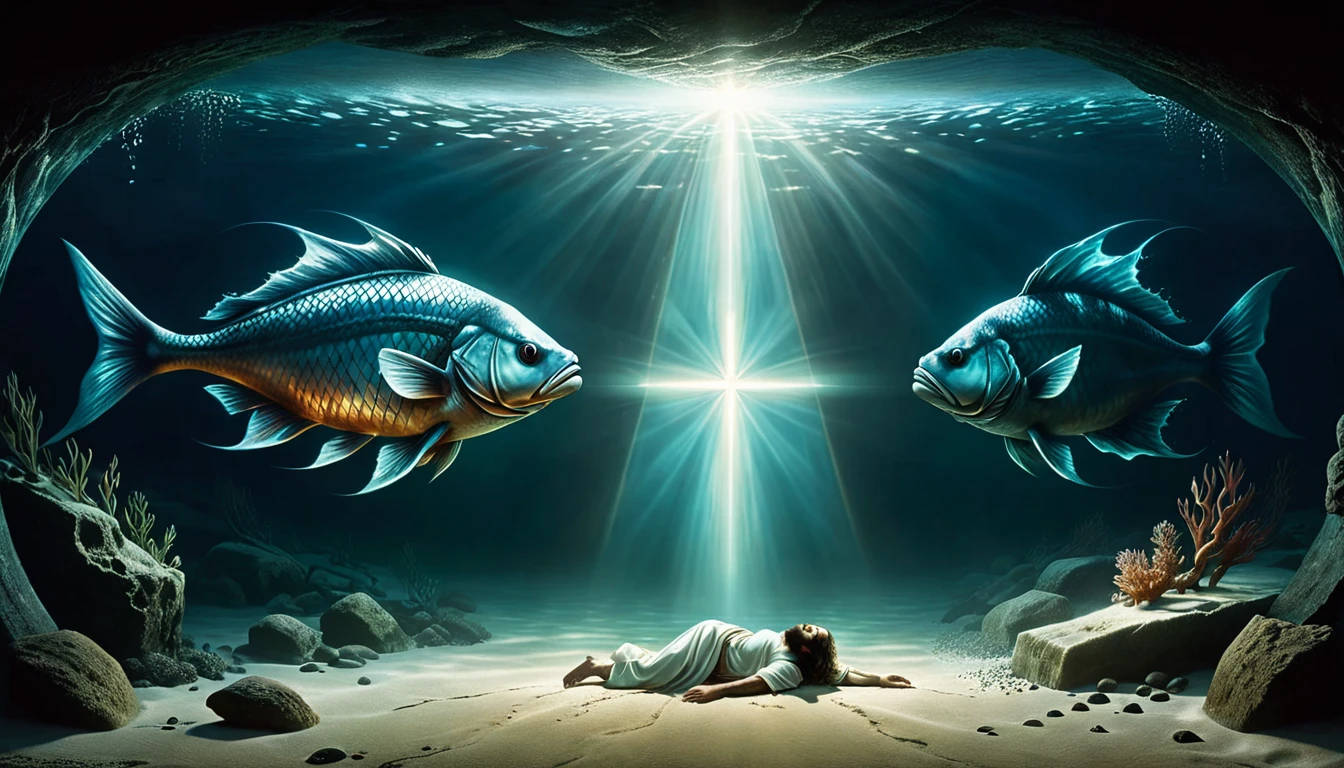 A dual-scene visual that splits between Jonah’s entrapment inside the demonic fish and the aftermath of Jesus’ crucifixion, creating a symbolic link.
Subject: On the left, Jonah is depicted in the belly of the sinister fish, surrounded by darkness and glowing, evil elements. On the right, Jesus is depicted in a tomb, with the stone rolled away and a faint, divine light emanating from within. A visual connection, like a spectral line or glow, should link the two scenes to symbolize the comparison Jesus made.
Atmosphere: Symbolic and reflective, with a balanced use of darkness and light to highlight the parallel between Jonah’s and Jesus’ experiences, suggesting deeper spiritual implications.
