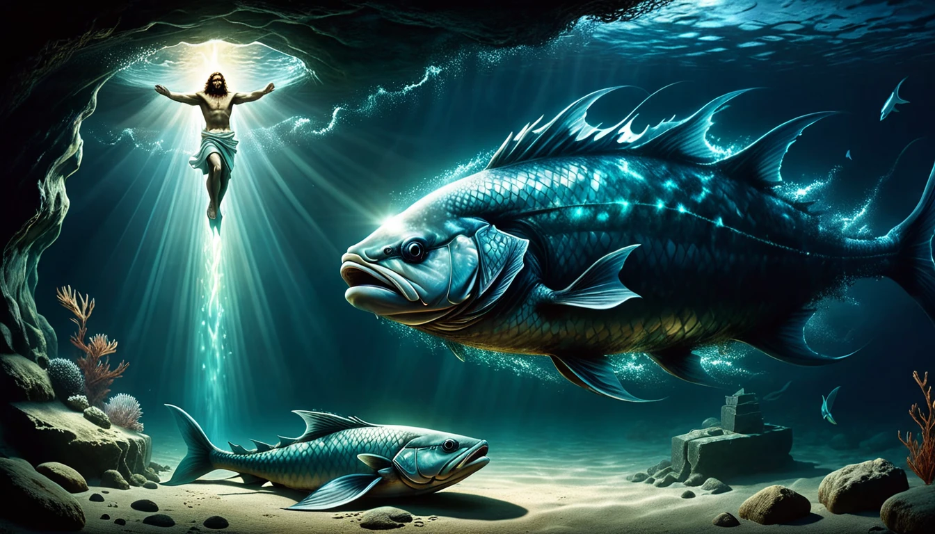 A dual-scene visual that splits between Jonah’s entrapment inside the demonic fish and the aftermath of Jesus’ crucifixion, creating a symbolic link.
Subject: On the left, Jonah is depicted in the belly of the sinister fish, surrounded by darkness and glowing, evil elements. On the right, Jesus is depicted in a tomb, with the stone rolled away and a faint, divine light emanating from within. A visual connection, like a spectral line or glow, should link the two scenes to symbolize the comparison Jesus made.
Atmosphere: Symbolic and reflective, with a balanced use of darkness and light to highlight the parallel between Jonah’s and Jesus’ experiences, suggesting deeper spiritual implications.