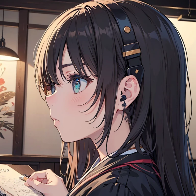 night、((机に向かってBarely)),（Headphones）,((Barely)),（Serious profile）,((Writing in a notebook)),((The eyes are on the notebook!!)),indoor, Super detailed, (((Very detailed eyes and face))), profile, masterpiece, Highest quality, Realistic portraits, Very detailed, Dynamic Angle, The most beautiful form of chaos, elegant, Asian Taste