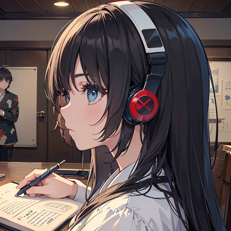 night、((机に向かってBarely)),(Headphones),((Barely)),(Serious profile),((Writing in a notebook)),((The eyes are on the notebook!!)),indoor, Super detailed, (((Very detailed eyes and face))), profile, masterpiece, Highest quality, Realistic portraits, Very detailed, Dynamic Angle, The most beautiful form of chaos, elegant, Asian Taste