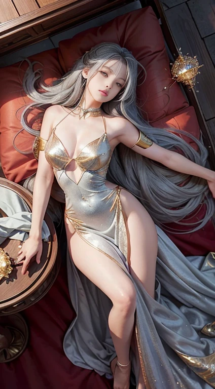 Len,Photorealistic, High resolution, 1 female, Lift your hips high, Tabletop、Very beautiful eyes, Gray Hair, Long Hair, Tattoo, gem, Red and gold dress, Tierra, Sleep on your back,Perfect body,Overhead Shot,Full Body Lesbian,Fantastic light shines in,Microscopic glowing particles envelop her