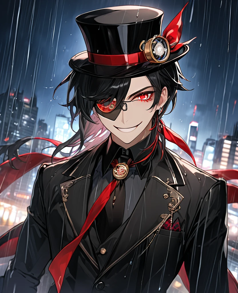 (black_hair), (red_Blood_eyes), (detailed_eyes), (crazy_smile), (attractive), (night_city_background), (raining), (glowing_eyes), (male), (wearing _a_black_suit), (long_male_hair), (detailed_Hair), (detailed), (detailed_mouth), (monocle), wears a black top hat with a red ribbon edged trim,