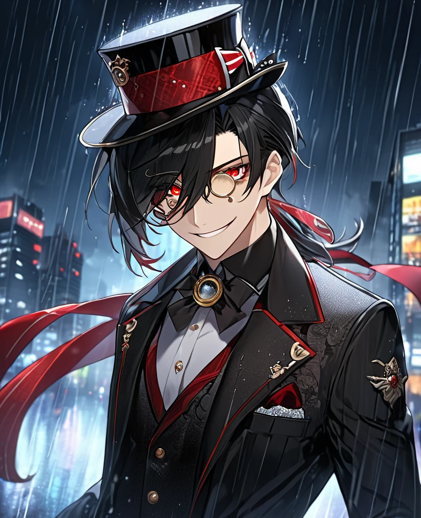 (black_hair), (red_Blood_eyes), (detailed_eyes), (crazy_smile), (attractive), (night_city_background), (raining), (glowing_eyes), (male), (wearing _a_black_suit), (long_male_hair), (detailed_Hair), (detailed), (detailed_mouth), (monocle), wears a black top hat with a red ribbon edged trim,
