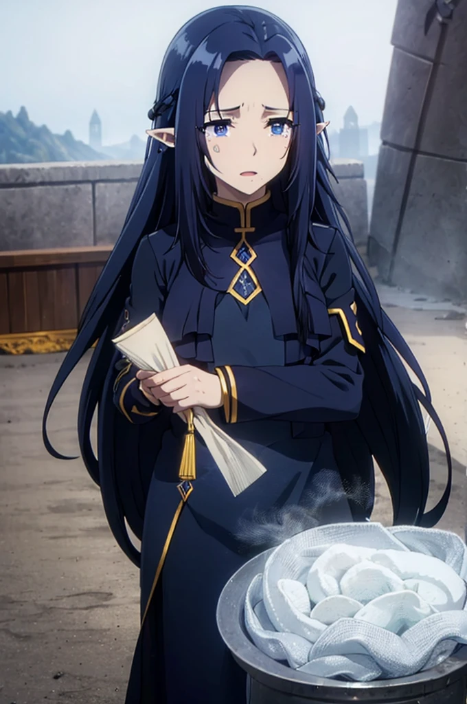 ((dark blue hair,,long hair,blue eyes)),pointy ears,elf,sweet,tears,cry
