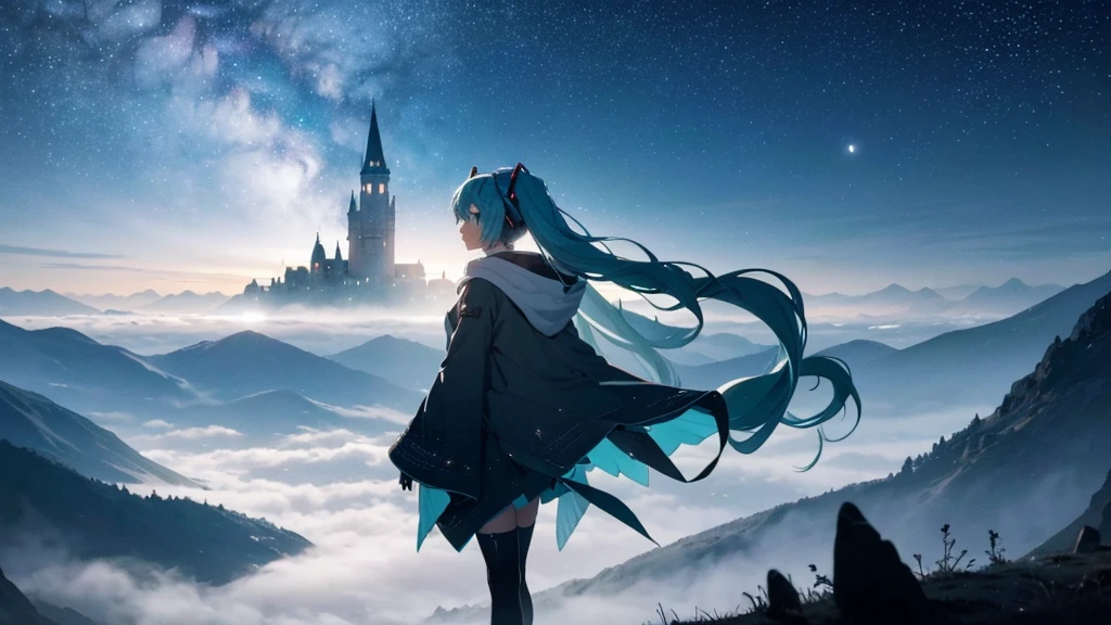 Set against the backdrop of an adventurous fantasy world、This is an image of Hatsune Miku.。She wears a mysterious cloak。The surroundings are shrouded in fog、In the distance you can see the silhouette of an ancient castle。The sky is a starry night、The moon casts a magical light over the forest.。