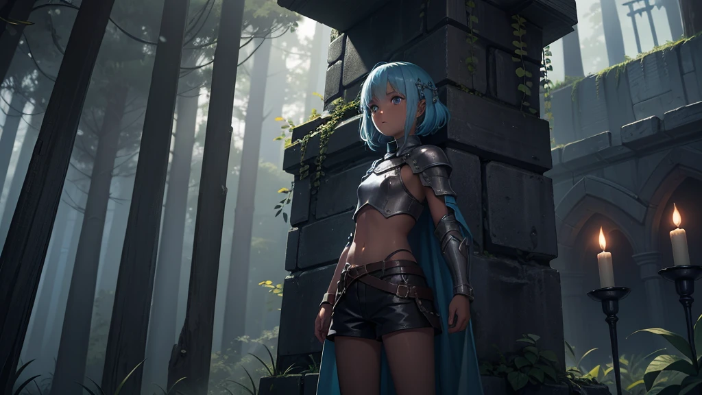 最high quality、high quality、Simple Cloth Armor、10Year-old girl adventurer、Descend the maze stairs、Shorts、Equipped with a dagger and a shield、In a dark maze、The body is covered in a slimy, jelly-like substance.