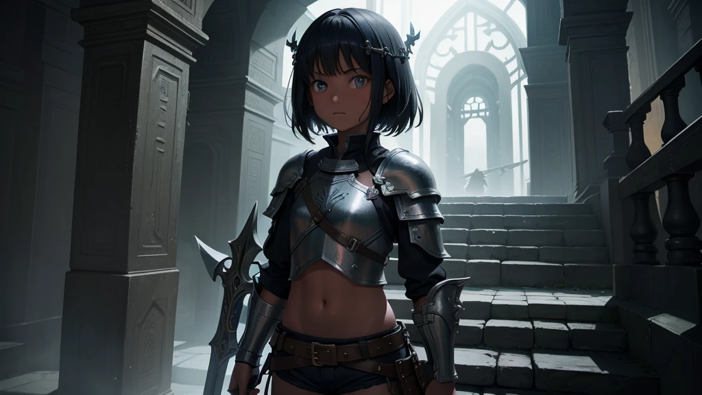 最high quality、high quality、Simple Cloth Armor、10Year-old girl adventurer、Descend the maze stairs、Shorts、Equipped with a dagger and a shield、In a dark maze、The body is covered in a slimy, jelly-like substance.