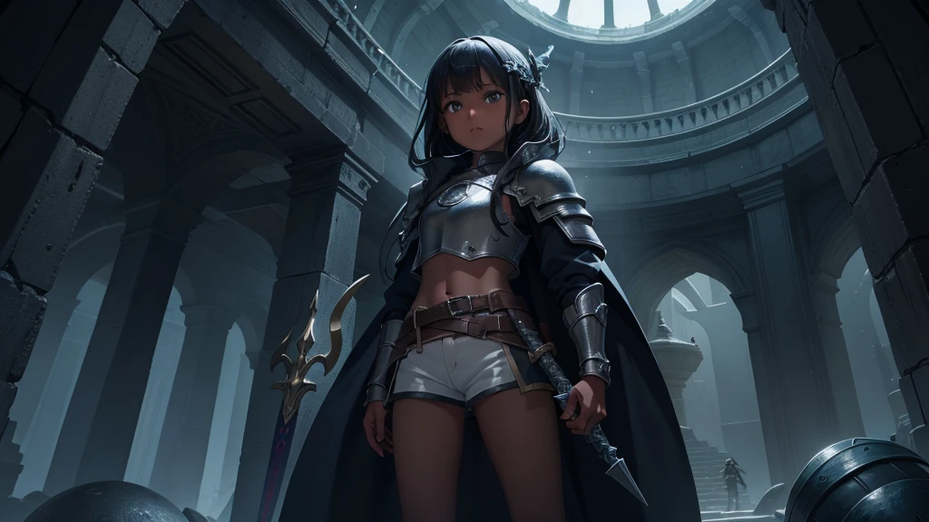 最high quality、high quality、Simple Cloth Armor、10Year-old girl adventurer、Descend the maze stairs、Shorts、Equipped with a dagger and a shield、In a dark maze、The body is covered in a slimy, jelly-like substance.