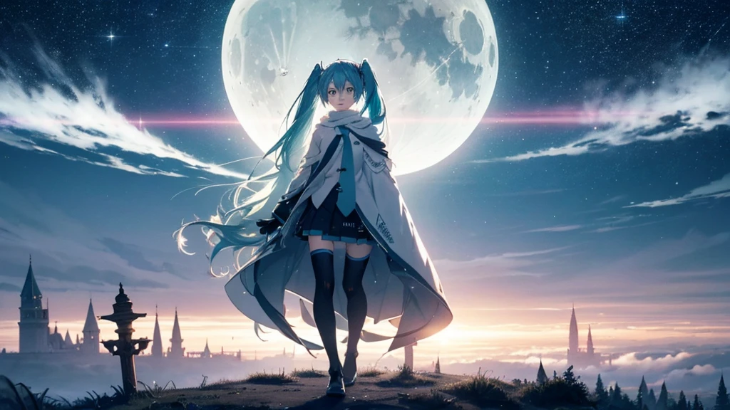 Set against the backdrop of an adventurous fantasy world、This is an image of Hatsune Miku.。She wears a mysterious cloak。The surroundings are shrouded in fog、In the distance you can see the silhouette of an ancient castle。The sky is a starry night、The moon casts a magical light over the forest.。