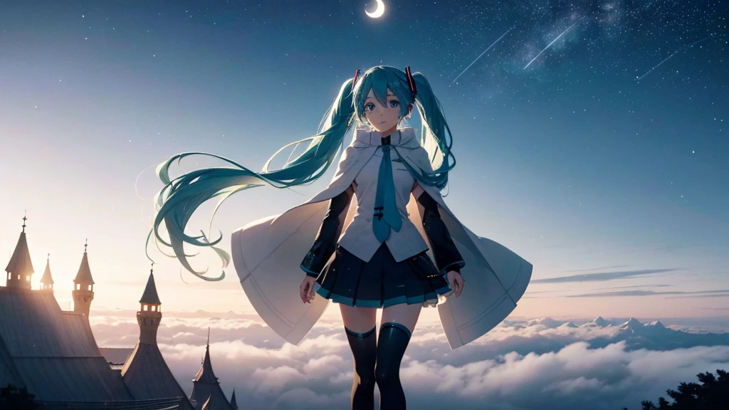 Set against the backdrop of an adventurous fantasy world、This is an image of Hatsune Miku.。She wears a mysterious cloak。The surroundings are shrouded in fog、In the distance you can see the silhouette of an ancient castle。The sky is a starry night、The moon casts a magical light over the forest.。