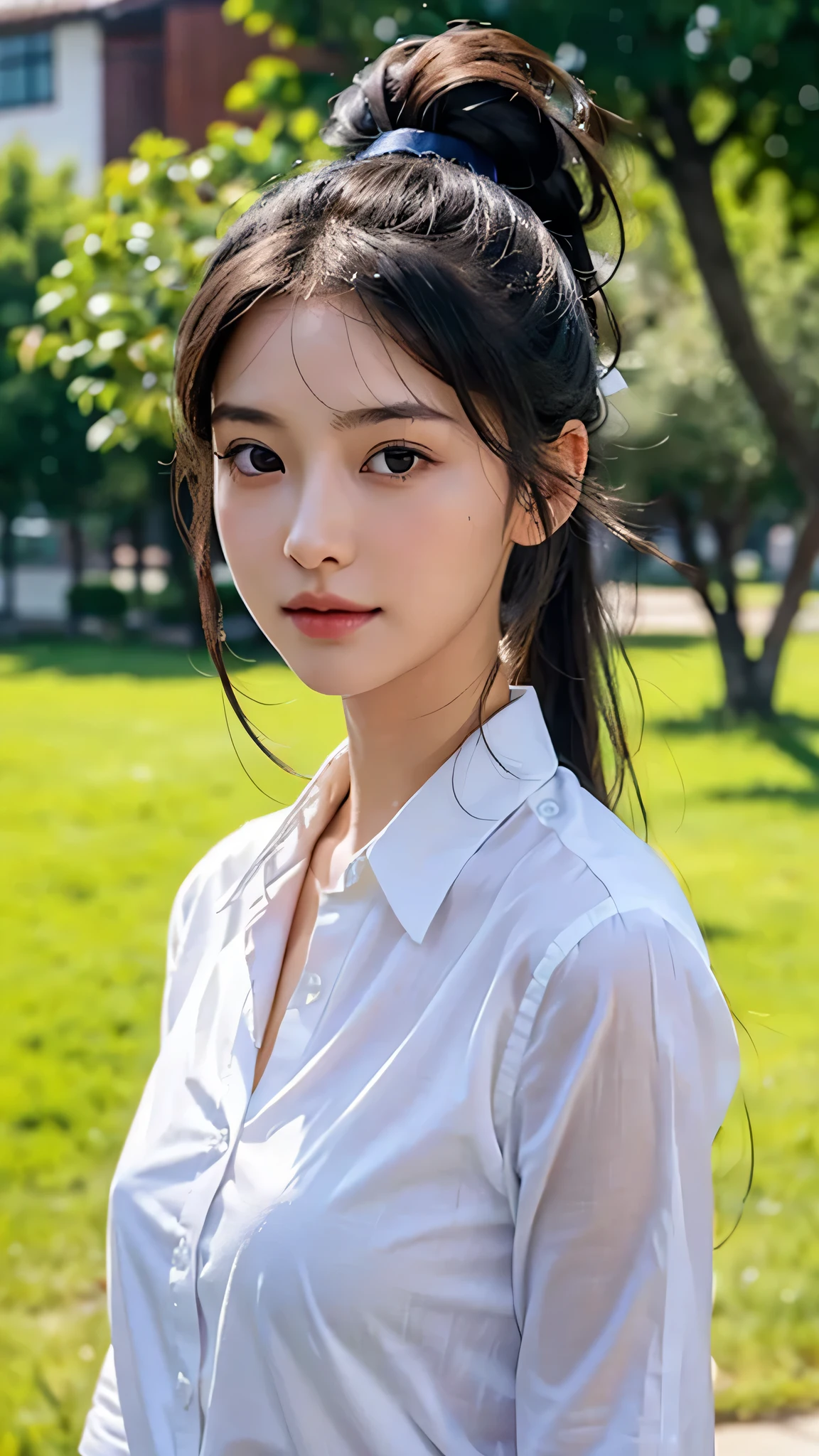 White collared shirt,jeans,outdoors,Urban Park,On the lawn,One woman,close up face,fully body photo,masutepiece, The highest image quality, High quality, the background is clear,Beautiful woman, Japanese, Detailed, Ultra-detailed, finely detail, hight resolution, 8K Wallpaper, Perfect dynamic composition, Beautiful detailed eyes ,Detailed eyes, Detailed skin, Beautiful skin, 超hight resolution, (reality: 1.4),Very beautiful woman, Slightly younger face, Beautiful skin, slender, (Ultra photo realsisim), (hight resolution), (8K), (Very detailed) (beautifully detailed eyes), (super detailed), (Detailed face), view the viewer, Fine details, Detailed face, Staring straight ahead, Staring straight ahead, photos realistic, Bright lighting, Professional Lighting, Black hair,poneyTail,a baby face,sixteen years old,Hairstyle: ponytail,Long ponytail hairstyle,slight smile,