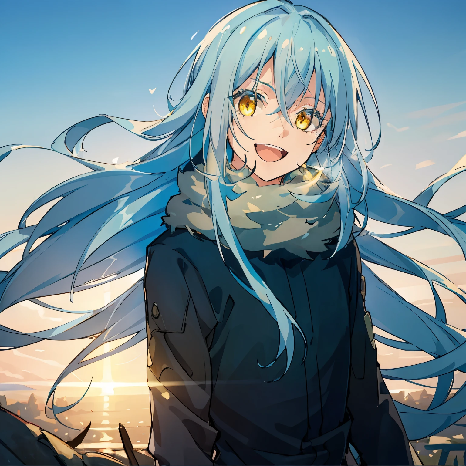 Tabletop, (Realistic:1.4), Highest quality, Beautiful lighting, Male portrait, rimuru tempest, One boy, Long Blue Hair, Fluffy scarf, Yellow Eyes, evening, , 8K Ultra HD, Film Grain、Laughter、Simple Background、grassland