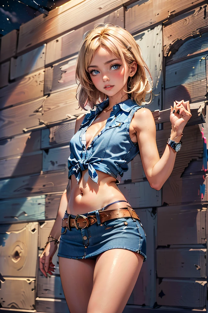 (((1 person:2.0))),(((Slim Body 1.5))),(((Small Ass))),(((Denim Super Mini Skirt:1.5))),(((Wear a belt:1.2))),(((Wearing a sleeveless collared shirt, Plaid, Front tie shirt.))),(((Wear a watch on your wrist))),(((sandals))),(((Showing cleavage))),(((Showing your belly button))),(((Exposing thighs))),(((Small breasts:1.5))),(((Bare arms:1.5))),(((Her hair is blonde))),Beautiful detailed girl, Very detailed目と顔, Detailed and beautiful eyes, Very detailed, High resolution, Highest quality, masterpiece, Very detailed, 8k wallpaper, wonderful, finely, Highest quality,(((Standing in front of a wooden wall:1.5))),((Indoors at night:1.5)),Beautiful Eyes,(((Blushing:1.5))),(((Cowboy Shot:1.5))),(((Open your mouth:0.9))