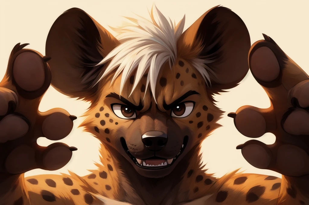 masterpiece，hyena，male，child，Solitary，Minimal details，Delicate eyes，Brown eyes，paw，Hair，White background，Cartoon style，White hair，Facing the camera，angry，Show your teeth