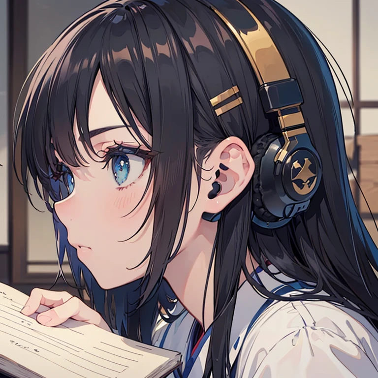 night、((机に向かってBarely)),(Headphones),((Barely)),(Serious profile),((Writing in a notebook)),((The eyes are on the notebook!!)),indoor, Super detailed, (((Very detailed eyes and face))), profile, masterpiece, Highest quality, Realistic portraits, Very detailed, Dynamic Angle, The most beautiful form of chaos, elegant, Asian Taste