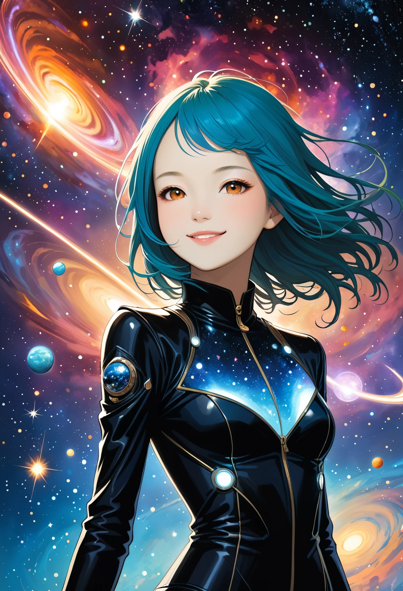 (in style of by Liu Ye:0.9),in style of Santiago Caruso,in style of Raymond Pettibon,female, character concept design, half body,Fantasy art, galaxies,lighting,galaxies art,smile,Dynamic Action,