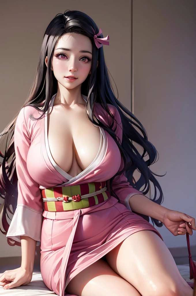 masterpiece, best quality, highly detailed, ultra high res, (photorealistic:1.8), unreal_engine, photograph, realistic_skin_texture, nezuko, kamado nezuko, 1girl, solo, long hair, black hair, pink eyes, multicolored hair, hair ribbon, (bamboo gag, bite gag), portrait, looking at viewer, seductive smile, pink kimono, own hands together, rialistic photo、Real Images、Top image quality、masterpiece, (Pink kimono), seductived faced, good lighting, beautiful thigh、adult appeal、Adults、Big、cleavage, finely detail, masterpiece,I can see my panties、 radiant eyes, 1girl in, A dark-haired, SUCK, Kamado Nezuko, wisteria background, masterpiece, top-quality, POV,