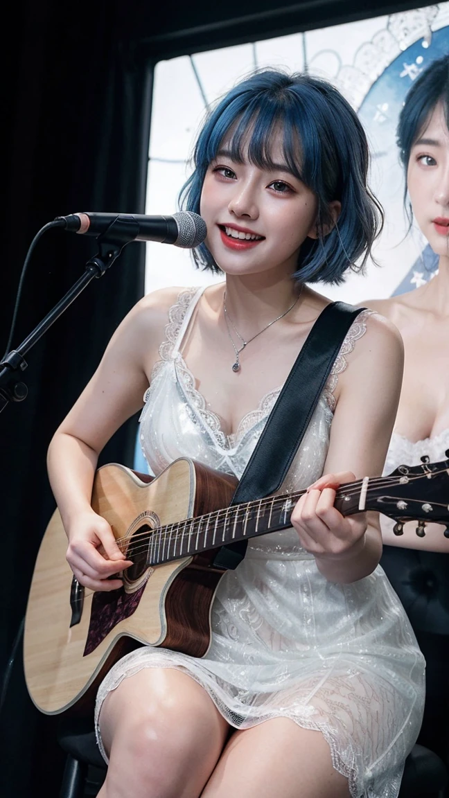 ((best quality)), photorealistic, photorealism, Photorealistic, high resolution, ((Wearing silver transparent lace dress))、smile、A superb beauty、Super cute、ennui、Rare beauty、Very Short hair、Black Dark Eyeshadow、Sad、white skin、pale skin, Very short hair layered、Dark Gothic Makeup、Cute Smile、Fragrant beauty、Stained glass background、Mastepiece、Best Quality、Refers to 5 books、Sweat glistening on my chest、Sweat glistening on my face、Medium breasts、Blue hair、Age 20 years old、Mysterious look、A sad expression、Blue Hair、Glamorous concert stage、enchanting castle、Sweating profusely all over the body、A lot of sweat and light on the thighs、Shiny thighs、Plenty of sweat glistening on the thighs、A large amount of sweat glistens on my thighs、Sweating profusely、Gal、Medium breasts、Beautiful face、Alluring expression、Sitting、Sitting playing guitar、Thick thighs、Playing guitar、I have a guitar、Sing a song enthusiastically、Playing guitar in a band、Rock band、Playing guitar chords、Live House Background、Sing a song、Open your mouth、Live house scenery、Mic stand、Glamorous live stage、Dynamic Angle、Cinematic lighting