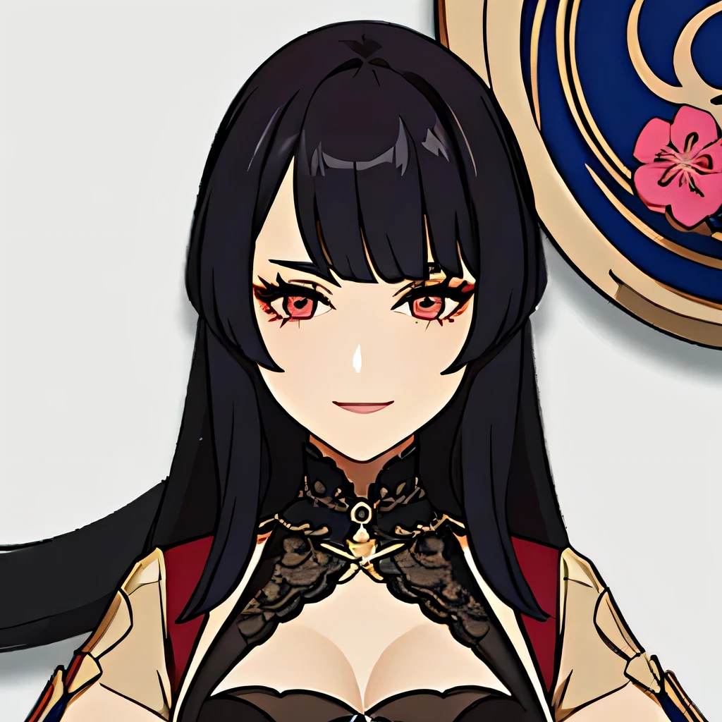 [a handsome, mature woman with a seductive smile and parted lips against a white background. She has sharp eyelashes, eyes browns, and long black hair with bangs. His figure is voluptuous, with a narrow waist, Broad Hips, and huge breasts. The image has an impact, Genshin-inspired style, rendered in high detail and HDR quality as a stunning work of art.]