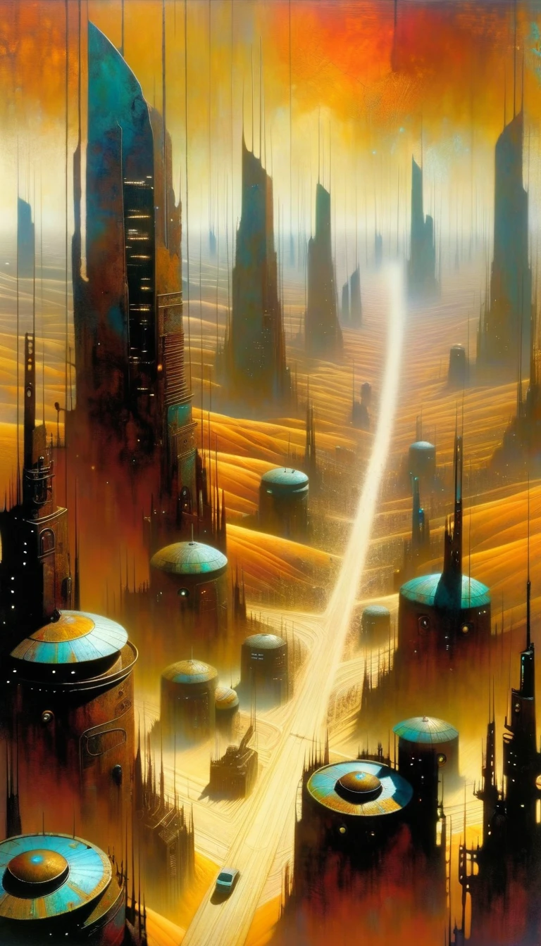 great desert, in the distance you can see a futuristic city of rusty metal, artwork inspired by Dave McKean, vivid colors, intricate details, oil painting.