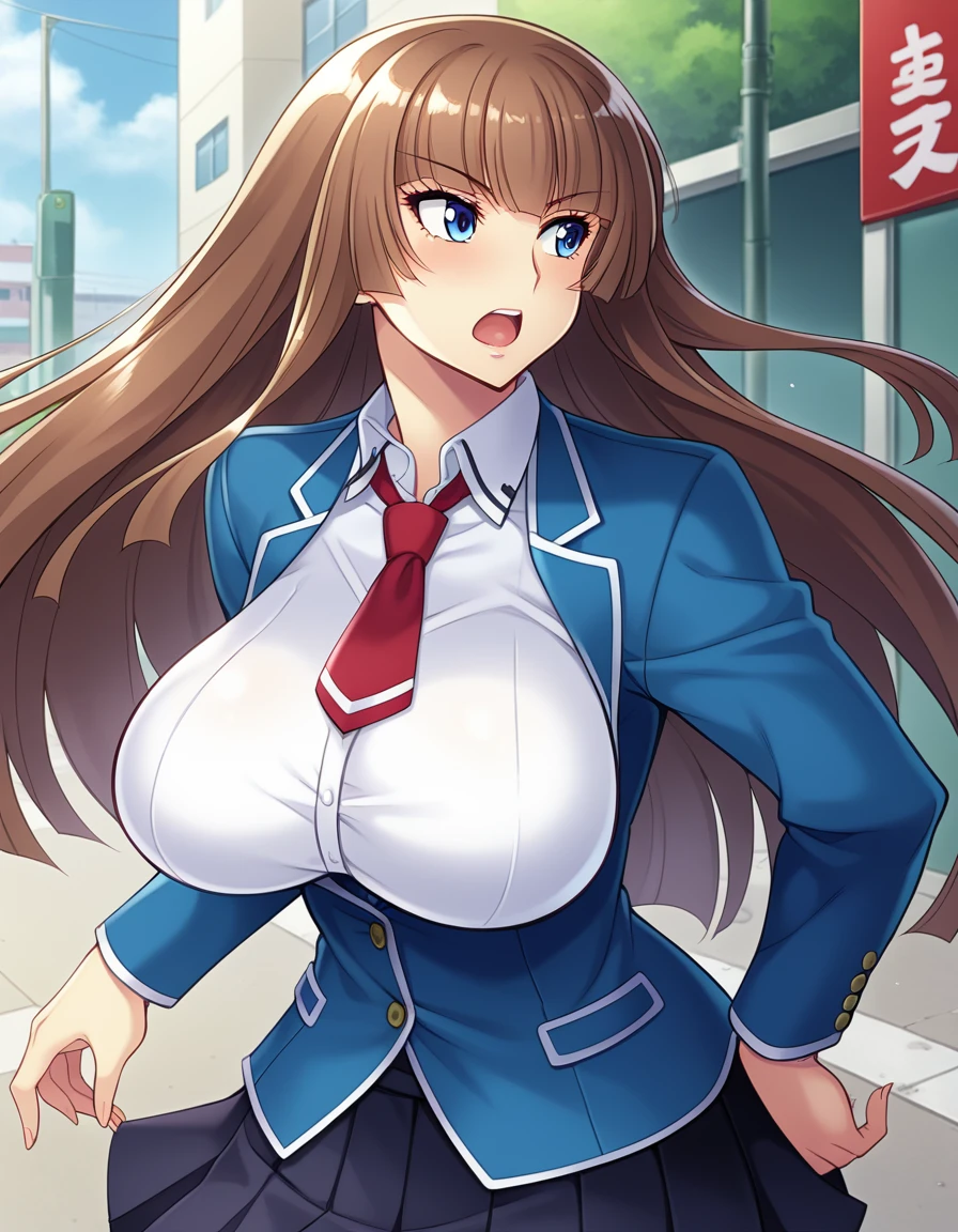score_9, score_8_up, score_7_up, score_6_up, source_anime, aoi_nagisa_\(metalder\), BREAK solo, 1girl, koukawa asuka, brown hair, long hair, blue eyes, large eyes, bangs, side bangs, (huge breasts:0.8), medium body, BREAK school_uniform, blue jacket, breasts, white collared blouse, tight clothes, red long necktie, black pleated skirt, BREAK looking away, open mouth, outside, street,