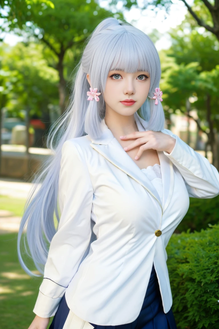 best quality, tmasterpiece,Ultra-high resolution,Clear face,(Reality:1.4),ferpect lighting,(upper body shot), (photorealistic:1.50), anime wallpaper, Guviz style artwork, cover-up fantasy up to magic , by Yang J, Guviz, beautiful artwork illustration, beautiful digital artwork, beautiful digital illustration, Li Song, beautiful anime portrait, art style in Beauvot,1girl,独奏, (white hair;1.5), (hair ornament:1.0),raiden shogun, no expression, (business suit:1.5), (White shirt), (blazer), (tight skirt), long hair, ponytail, high ponytail, (purple hair), purple eyes, mole under the eye, looking at side, (super Giant breasts:1.3), (looking at viwer), garden background, Cherry trees, outdoor,
