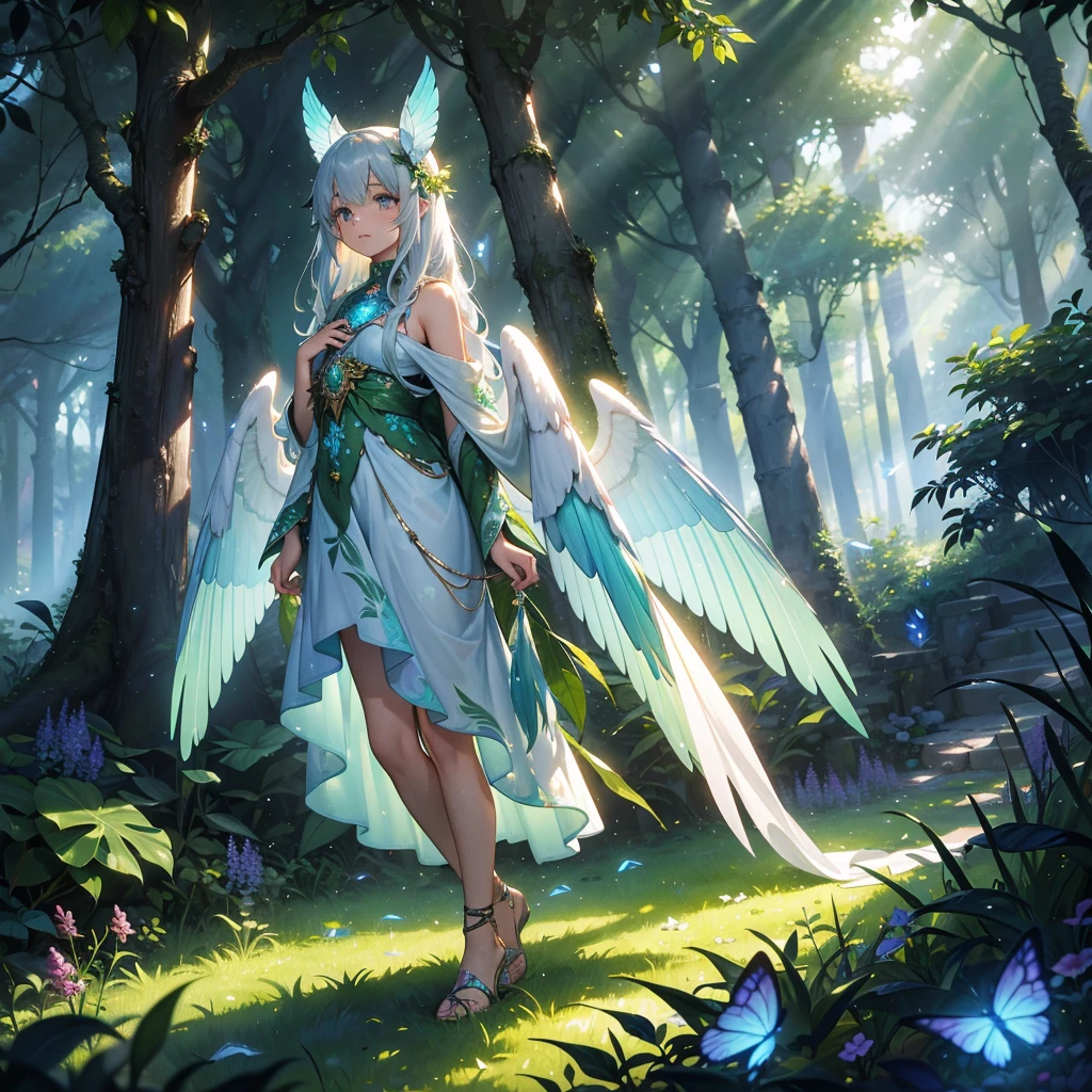 Imagine stumbling upon a magical plant deep within an enchanted forest. Picture vibrant, iridescent leaves that shimmer with an otherworldly glow, their edges adorned with delicate, silvery veins. The plant stands tall amidst a carpet of lush moss and wildflowers, emitting a faint, ethereal fragrance that lingers in the air.—a fox with a silvery coat and a butterfly with translucent wings—seem drawn to the plant's mystical aura, adding to the sense of wonder and magic. Capture the essence of discovery and enchantment in this hidden corner of the forest, where nature's beauty intertwines with hints of ancient, arcane power."