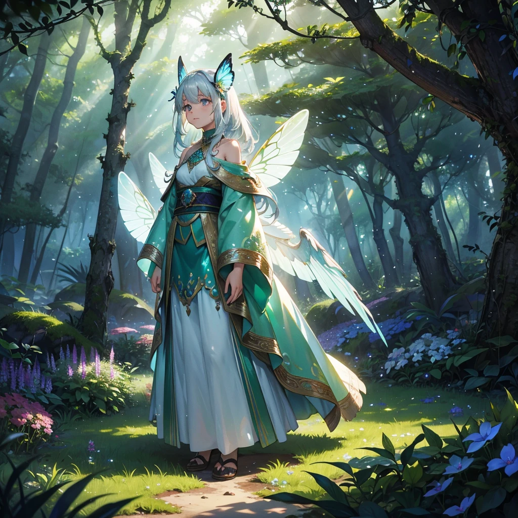 Imagine stumbling upon a magical plant deep within an enchanted forest. Picture vibrant, iridescent leaves that shimmer with an otherworldly glow, their edges adorned with delicate, silvery veins. The plant stands tall amidst a carpet of lush moss and wildflowers, emitting a faint, ethereal fragrance that lingers in the air.—a fox with a silvery coat and a butterfly with translucent wings—seem drawn to the plant's mystical aura, adding to the sense of wonder and magic. Capture the essence of discovery and enchantment in this hidden corner of the forest, where nature's beauty intertwines with hints of ancient, arcane power."