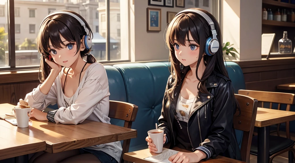 Girl with headphones enjoying music in a cafe　I am studying　Emphasize a little bit of the chest