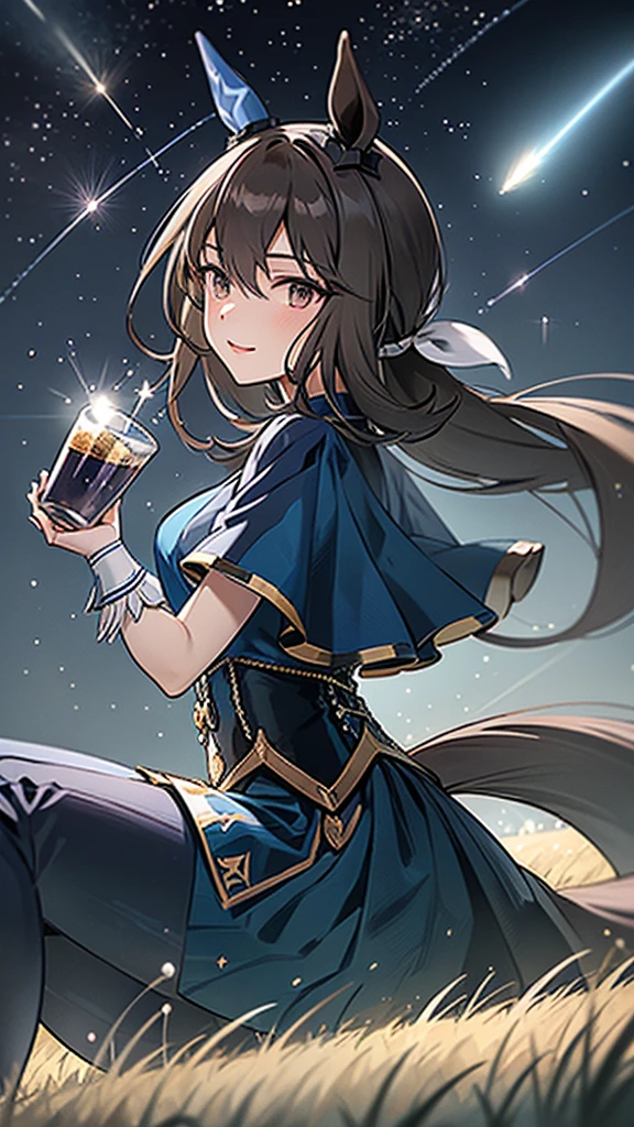 Award-winning, professional, highly detailed, ~*~aesthetic~*~, animated illustration, perfect anatomy, cinematic lighting, epic, high definition, hyper HD, ((8k, highest quality, master piece: 1.2, super detailed)), 1 girl, admire vega \(umamusume\), (horse ears, horse tail), sitting on the grass, night, field, night sky, starry sky, shooting stars, beautiful constellations, holding a mug, gentle smile, looking up at the sky
