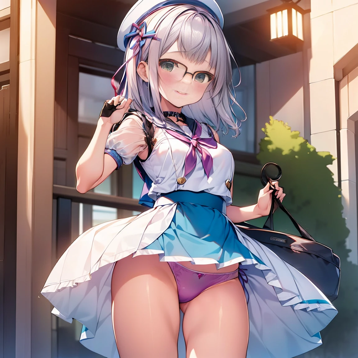 8K、masterpiece、Japanese、Woman wearing glasses、Neon(nod)、from the front、smile、Childish、Small breasts、See-through underwear、night、Bedroom、Show your underwear、mini skirt