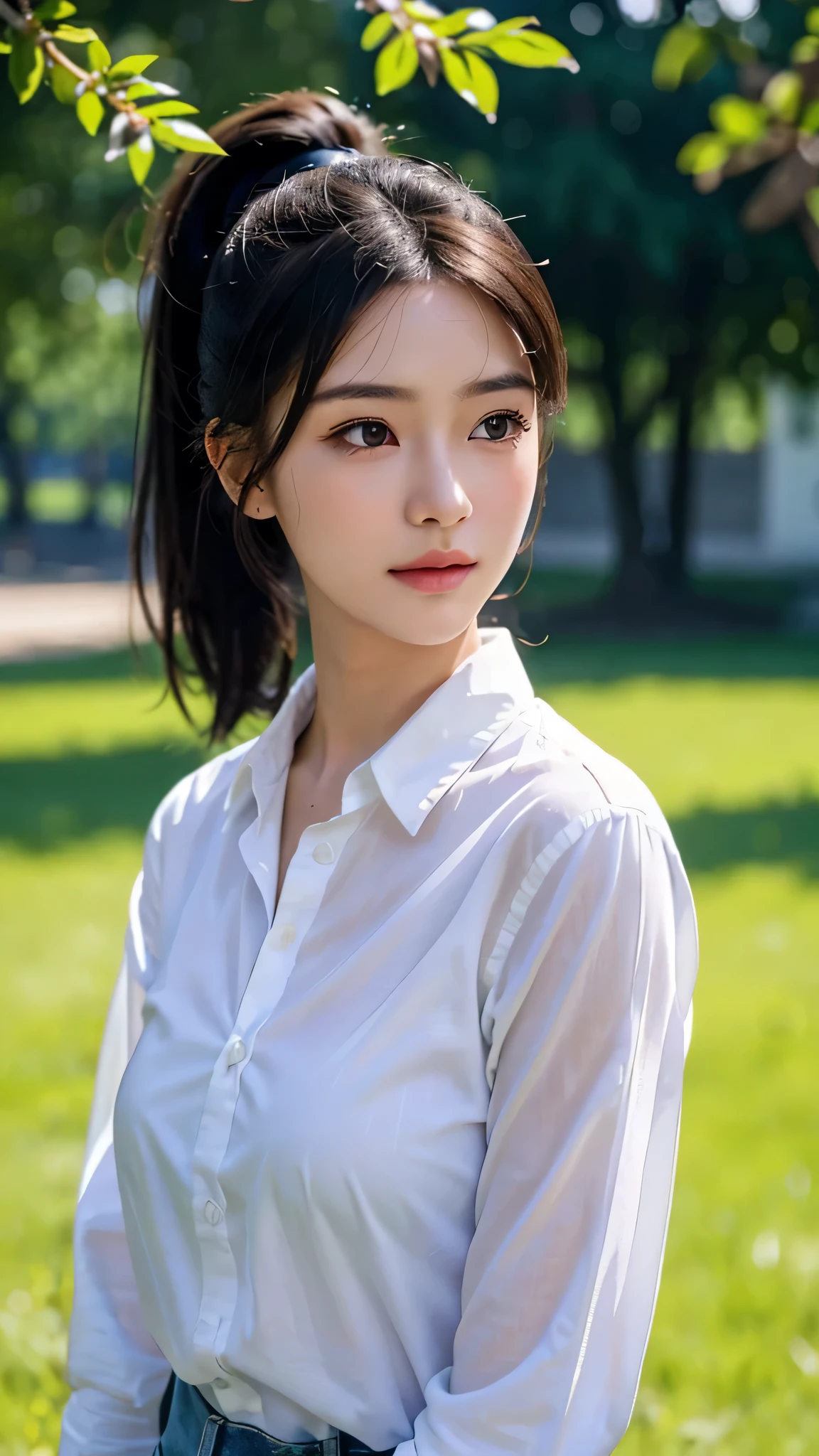 White collared shirt,jeans,outdoors,Urban Park,On the lawn,One woman,close up face,fully body photo,masutepiece, The highest image quality, High quality, the background is clear,Beautiful woman, Japanese, Detailed, Ultra-detailed, finely detail, hight resolution, 8K Wallpaper, Perfect dynamic composition, Beautiful detailed eyes ,Detailed eyes, Detailed skin, Beautiful skin, 超hight resolution, (reality: 1.4),Very beautiful woman, Slightly younger face, Beautiful skin, slender, (Ultra photo realsisim), (hight resolution), (8K), (Very detailed) (beautifully detailed eyes), (super detailed), (Detailed face), view the viewer, Fine details, Detailed face, Staring straight ahead, Staring straight ahead, photos realistic, Bright lighting, Professional Lighting, Black hair,poneyTail,a baby face,sixteen years old,Hairstyle: ponytail,Long ponytail hairstyle,slight smile,