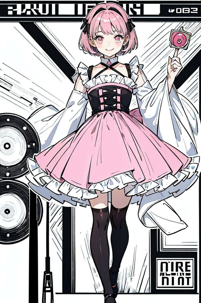 This -yeld enetic girl,The name is Peanut,Mature but smiling,Short hair with pink highlights,Pure black tights,Born to die,Optimistic and cheerful