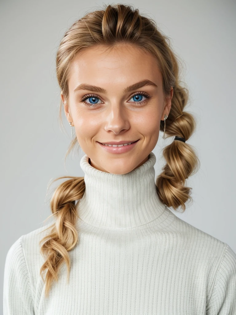 photo of a playful cute blonde teen submissive wife with big bulging beautiful eyes, messy long hair thrown into a messy bun ponytail. She wears: (turtleneck high ribbed bright tight white sweater:1.1), submissive seductive pose, high tight ribbed neck, seductive smile, perfect fake tits, turtleneck top, long neck, tall skinny girl, tight high neck turtleneck up to her chin, face tattoos