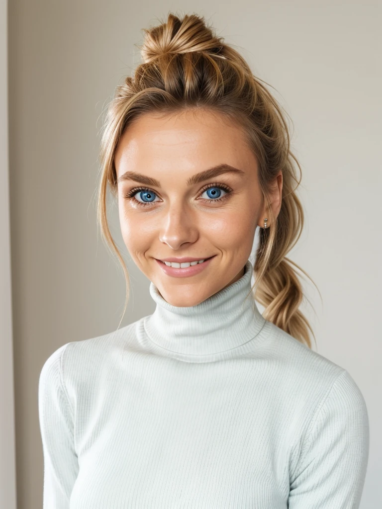 photo of a playful cute blonde teen submissive wife with big bulging beautiful eyes, messy long hair thrown into a messy bun ponytail. She wears: (turtleneck high ribbed bright tight white sweater:1.1), submissive seductive pose, high tight ribbed neck, seductive smile, perfect fake tits, turtleneck top, long neck, tall skinny girl, tight high neck turtleneck up to her chin, face tattoos