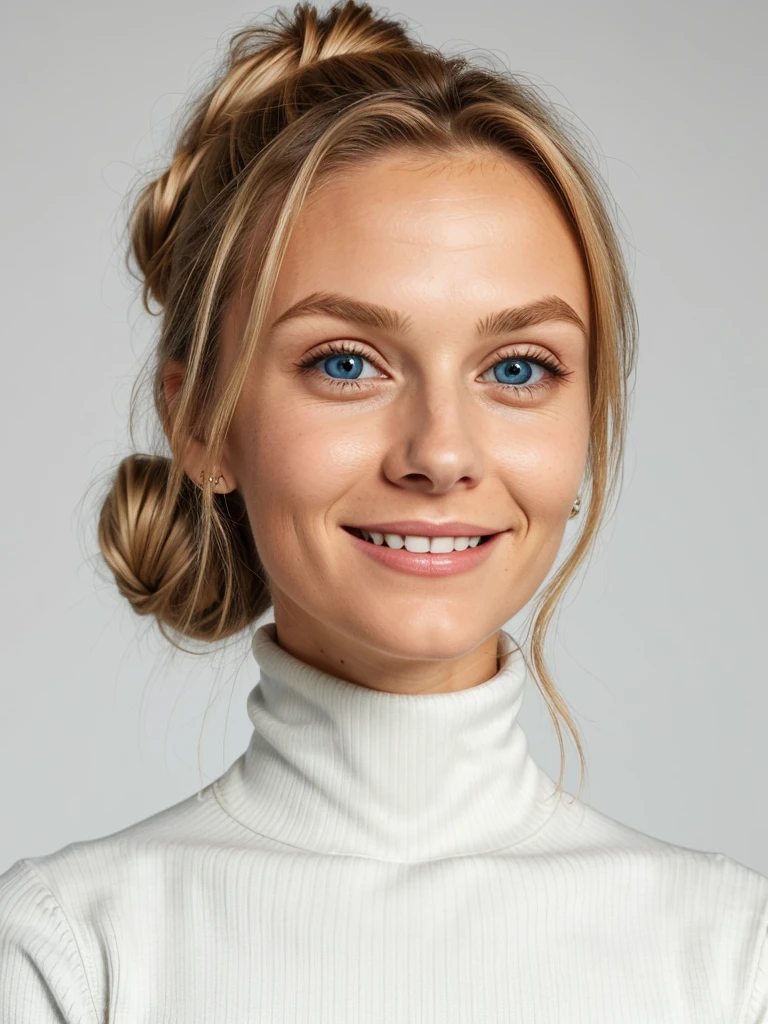 photo of a playful cute blonde teen submissive wife with big bulging beautiful eyes, messy long hair thrown into a messy bun ponytail. She wears: (turtleneck high ribbed bright tight white sweater:1.1), submissive seductive pose, high tight ribbed neck, seductive smile, perfect fake tits, turtleneck top, long neck, tall skinny girl, tight high neck turtleneck up to her chin, face tattoos