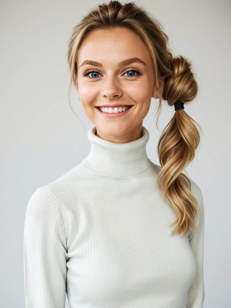 photo of a playful cute blonde teen submissive wife with big bulging beautiful eyes, messy long hair thrown into a messy bun ponytail. She wears: (turtleneck high ribbed bright tight white sweater:1.1), submissive seductive pose, high tight ribbed neck, seductive smile, perfect fake tits, turtleneck top, long neck, tall skinny girl, tight high neck turtleneck up to her chin, face tattoos