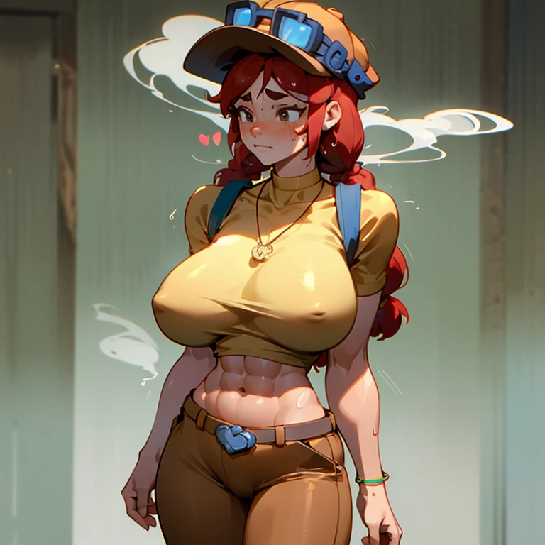Adult, Sexy girl, lean, thick thighs, biceps, ripped abs, yellow stripped shirt, big breasts, wearing brown trousers, blushing , gold belt, huge hips, sexy body, lots of freckles, tan, sexy face, Goggles on hat, hot face , beautiful face, x-shape on shirt, perfect eyes, sweaty abs, sexy figure, adult, sexy, huge hips , wearing neckless bright atmosphere, short girl, standing ,sexy body , wearing heart neckless, touching face, wide body, hands on head, long hair, perfect arms, brown eyes, looking down, very sweaty, sweating, focused eyes, smoke everywhere, surprised, sexy, in battleground, abs bursting out, 6 pack abs , 1 girl, biceps, brown eyes, wearing bracelet, cool hair style, POV looking up, ripped abs, hat on, crop top, insane abs size, detailed shirt, wearing backpack, detailed abs, surprised face, other arm on breast