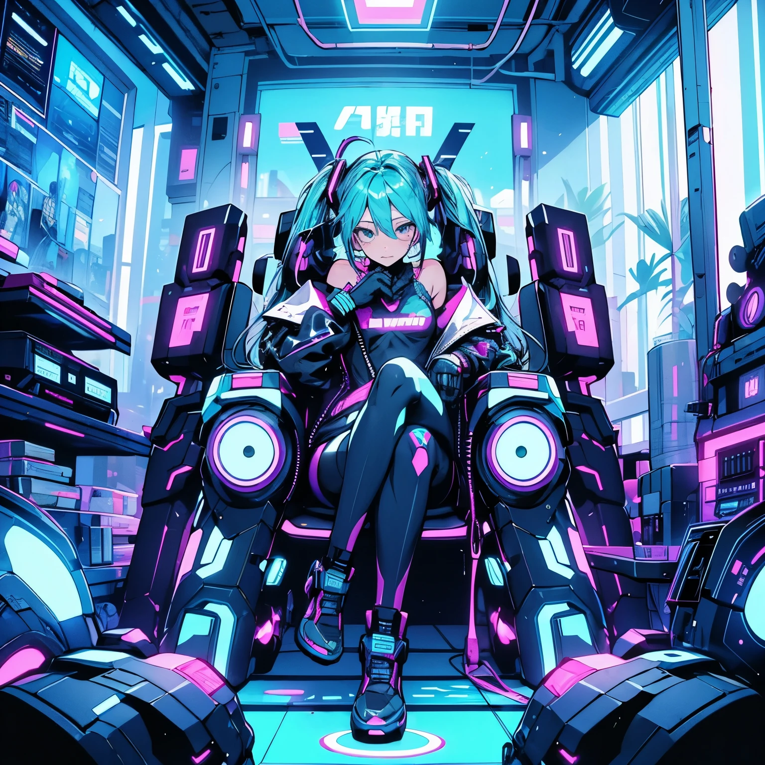 Cyberpunk style cluttered room. more neon. Many machines with unknown uses. Large windows with an open feel. It's sunny outside.　Hatsune Miku sitting on a chair..
