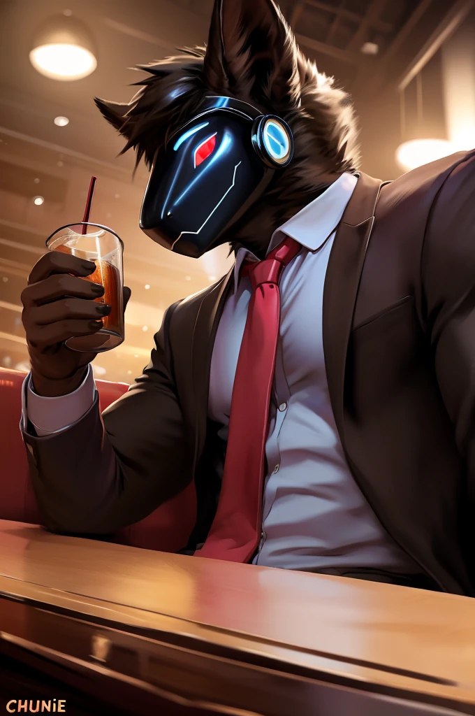 posted on e621, (by Chunie), Protogen,solo,masculine, Black fur with White stripes on the tips, Slim body, full body like, at a nightclub, Hitman wear, Black suit, Red tie, Sitting on the sofa, a cup of alcoholic drink, Abstract beauty, ultra detailed face, depth of field, motion blur, high details, high quality, award winning, HD, 16k, (best quality,4k,8k,highres,masterpiece:1.2),ultra-detailed,realistic:1.37,HDR,UHD,studio lighting,extreme detail description,professional,vivid colors,bokeh,lively atmosphere, natural lighting