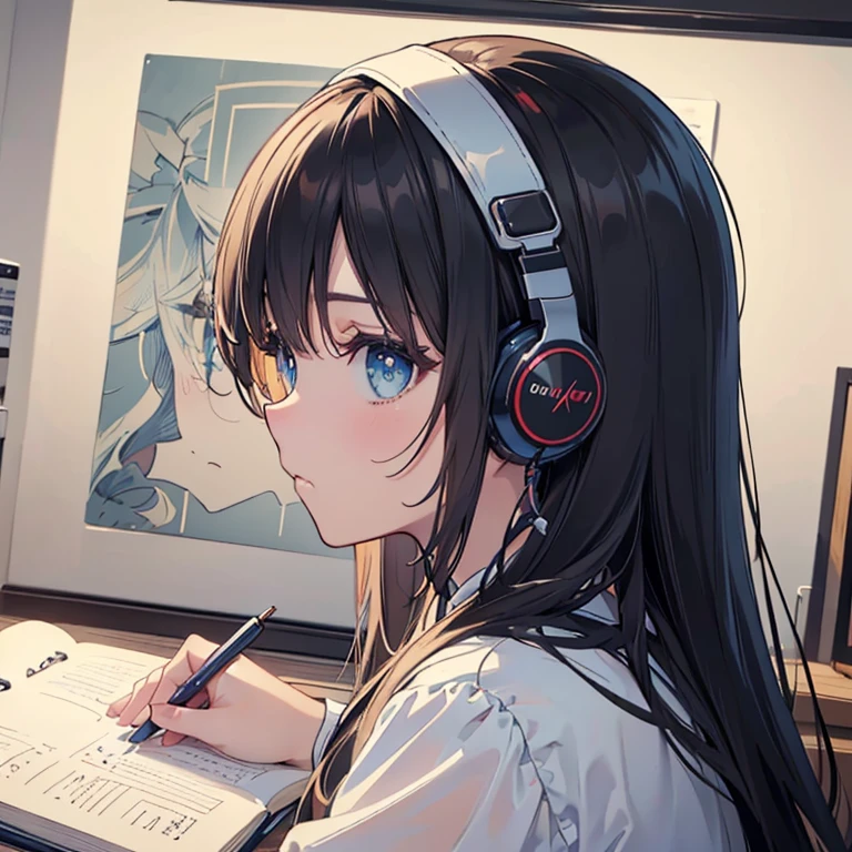 night、((机に向かってBarely)),(Headphones),((Barely)),(Serious profile),((Writing in a notebook)),((The eyes are on the notebook!!)),indoor, Super detailed, (((Very detailed eyes and face))), profile, masterpiece, Highest quality, Realistic portraits, Very detailed, Dynamic Angle, The most beautiful form of chaos, elegant, Asian Taste