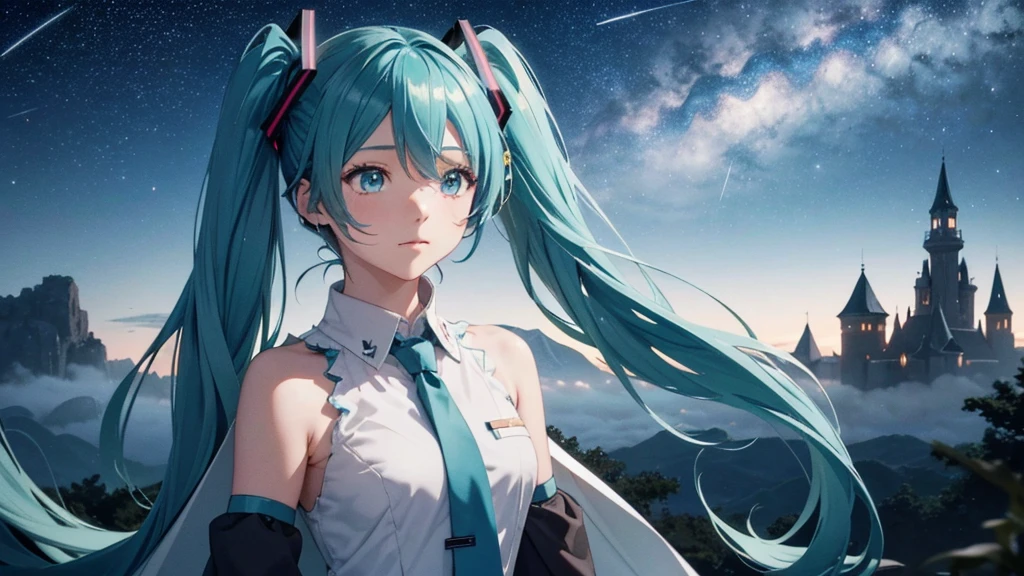 Set against the backdrop of an adventurous fantasy world、This is an image of Hatsune Miku.。She wears a mysterious cloak。The surroundings are shrouded in fog、In the distance you can see the silhouette of an ancient castle。The sky is a starry night、The moon casts a magical light over the forest.。