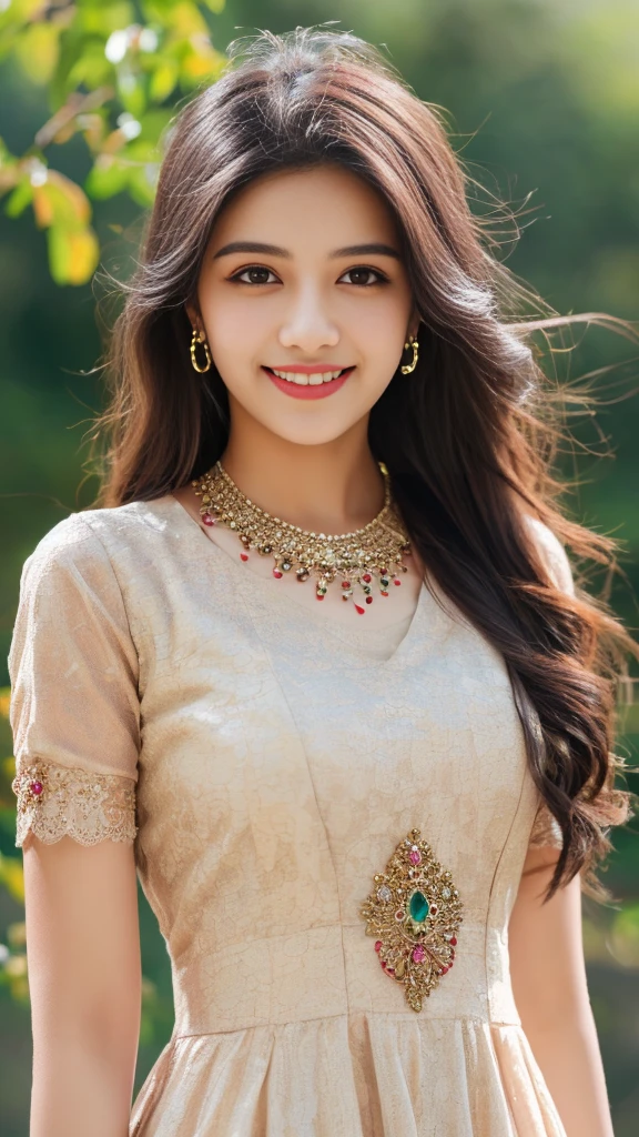 8K, ultra high detailed, an indian girl, cute smile realistic face, happy, long hair, impressive hairstyle, detailed eyes, detailed lips, indian clothes, cherry red dress, lace, wearing jewellery, nature background, flowers, afternoon, shadow, clear weather, whole body capture,noch slim image long