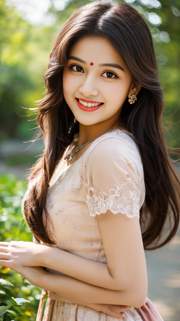 8K, ultra high detailed, an indian girl, cute smile realistic face, happy, long hair, impressive hairstyle, detailed eyes, detailed lips, indian clothes, cherry red dress, lace, wearing jewellery, nature background, flowers, afternoon, shadow, clear weather, whole body capture,noch slim image long