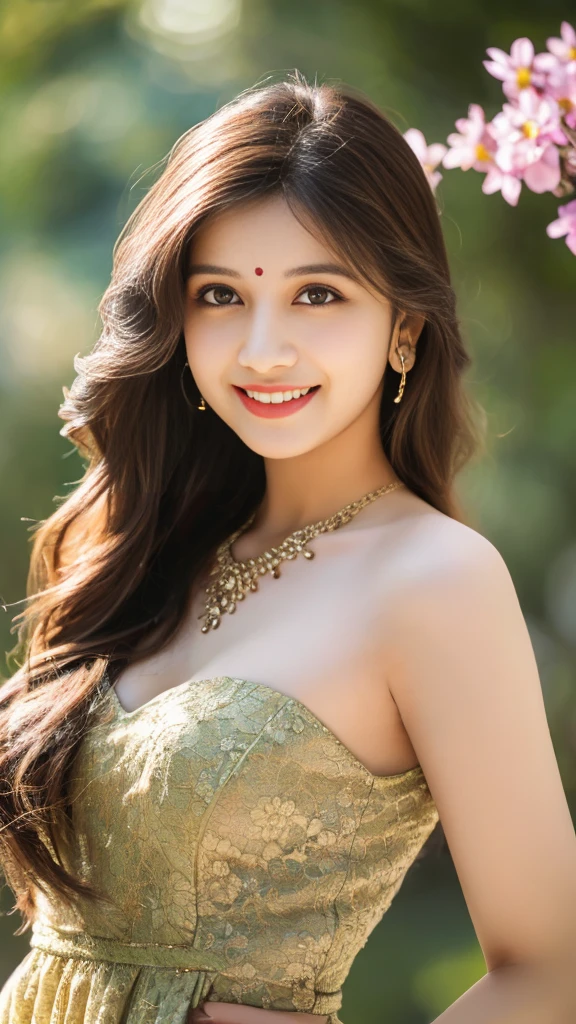 8K, ultra high detailed, an indian girl, cute smile realistic face, happy, long hair, impressive hairstyle, detailed eyes, detailed lips, indian clothes,  cherry red dress, lace, wearing jewellery, nature background, flowers, afternoon, shadow, clear weather, whole body capture,noch slim image long