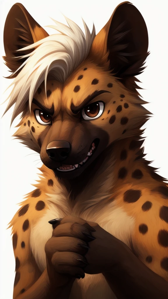 masterpiece，hyena，male，child，Solitary，Minimal details，Delicate eyes，Brown eyes，paw，Hair，White background，Cartoon style，White hair，Facing the camera，angry，Show your teeth