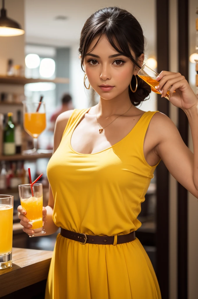 Drink label with, Woman  , Estilo Retrato, holding glass of drink, soft yellow and red clothes, brazilian style
